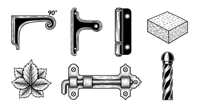 Black and white illustration set of various metal hardware pieces and a brick