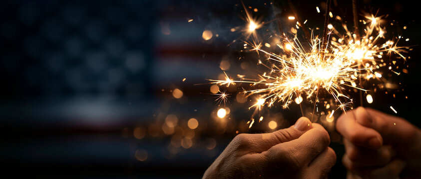 Burning sparklers in hands against a blurred American flag background. United States 250th anniversary semiquincentennial celebration banner with copy space.