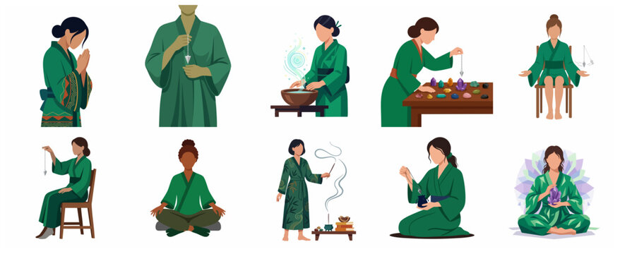 Spiritual and Esoteric Practices Illustration Set Featuring Women Meditating, Using Pendulums, and Working with Crystals