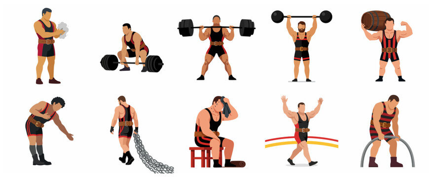 Strongman and weightlifter character set performing various powerlifting and strength exercises, vector illustration isolated on white