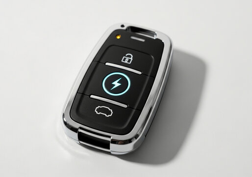 Smart car key fob, electronic vehicle access, modern remote control, silver and black design isolated on White Background