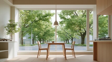 Obraz premium Modern minimalist dining room with large window looking out to lush green trees along a quiet street