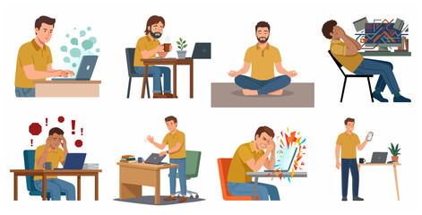 Fototapeta premium Professional man character set illustrating various work scenarios including stress, burnout, productivity, and mindfulness in a home office environment.
