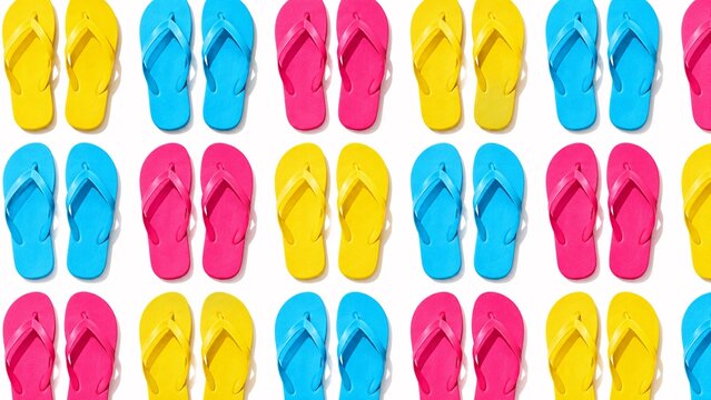 Seamless pop-art pattern of colorful bright rubber flip-flops on a solid white background