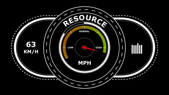 Digital dashboard gauge showing resource level with speedometer and bar graph on a black background for automotive or software interface