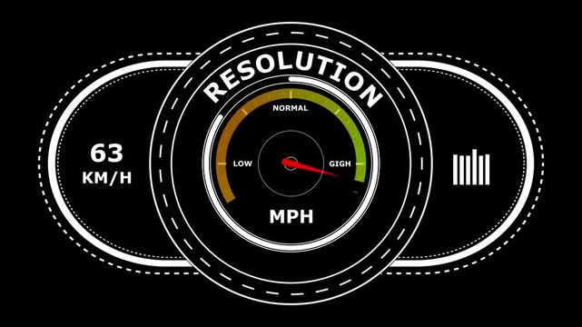Digital dashboard gauge showing resolution level with speedometer and bar graph on a black background for automotive or software interface