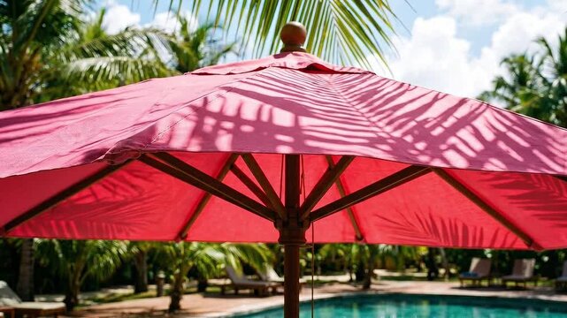 Static shot of red beach umbrella casting palm shadow over poolside lounge area at tropical resort on sunny day with subtle fabric movement and bright colors