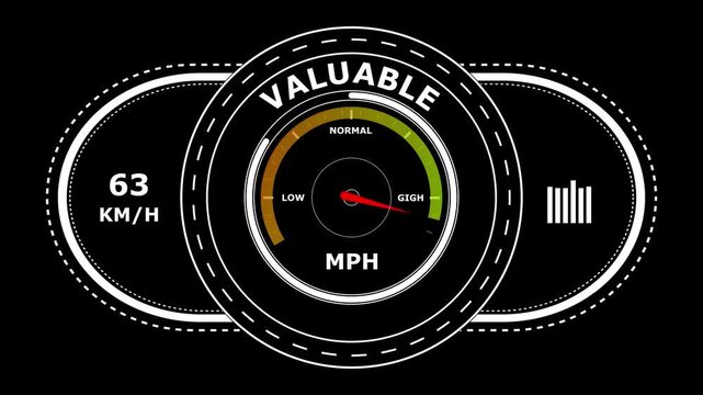 Digital gauge interface displaying the word valuable with a speedometer needle pointing towards the indicator on a black background