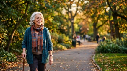Obraz premium An elderly woman smiles serenely during a walk in an urban park, golden late afternoon lighting, lush vegetation blurred in the background, an atmosphere of well-being and vitality.