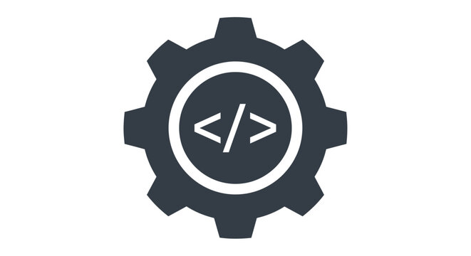 A technical gear icon featuring central coding symbols for software development concepts.