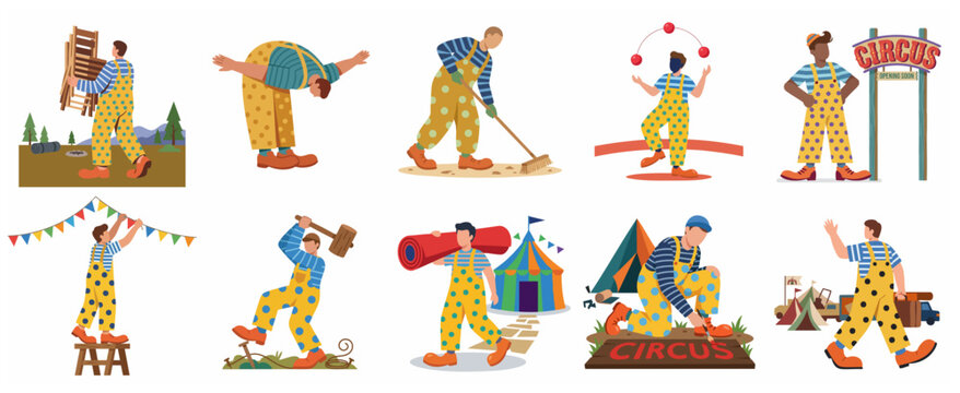 Set of circus worker and clown characters performing various preparation tasks and acts for the show