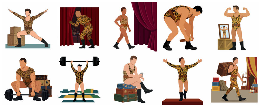 Vintage Circus Strongman Illustrations Set Featuring a Male Performer in Leopard Print Leotard Posing and Weightlifting