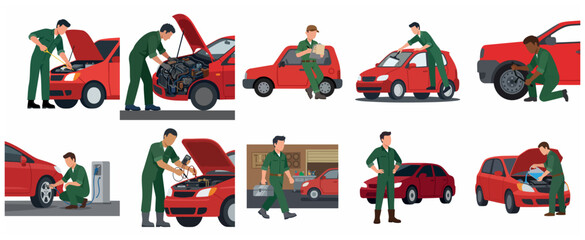 Fototapeta premium Car Mechanic Professional Services and Auto Repair Workshop Illustration Set