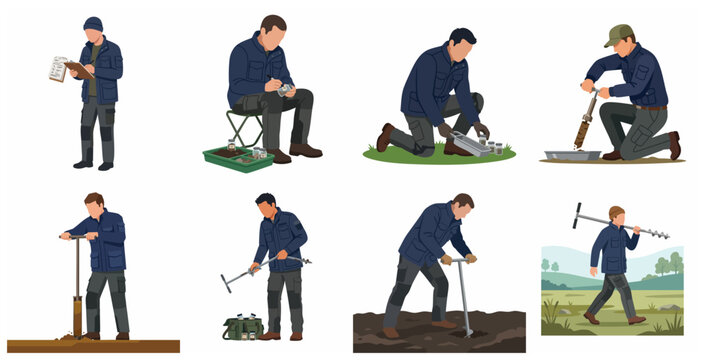 Set of environmental scientist characters collecting soil samples with augers and specialized equipment for geological and agricultural research.