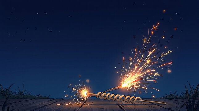 夏の夜に楽しむ手持ち花火をモチーフにしたイラストです。
暗い夜空に広がる光の軌跡が、夏休みや納涼の思い出を演出しています。