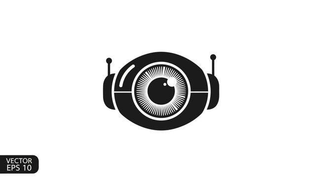 AI robotic eye icon, digital vision technology, machine learning, surveillance camera symbol, futuristic interface graphic