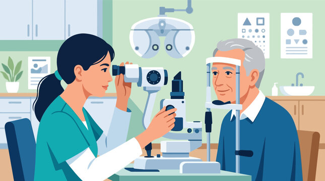 Vector illustration of a female ophthalmologist conducting an eye examination on an elderly male patient using a slit lamp microscope in a modern optometry clinic office environment.