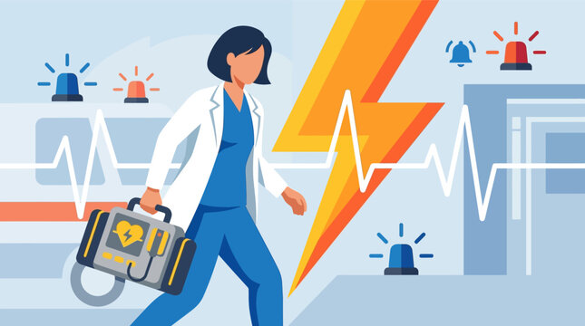 Vector illustration of a female doctor in a white lab coat and blue scrubs carrying a portable automated external defibrillator (AED) in an emergency medical situation.