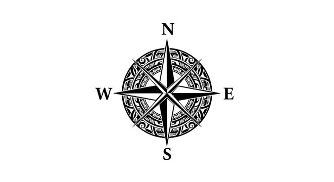 Classic decorative compass rose illustration with cardinal directions N, S, E, W. Vintage navigation symbol for travel, guidance, exploration.