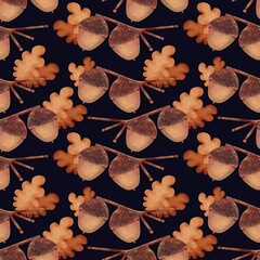 Acorn and Oak Leaf Seamless Pattern Dark Navy Background, Non-AI Generated, Human Made Illustration © annchic
