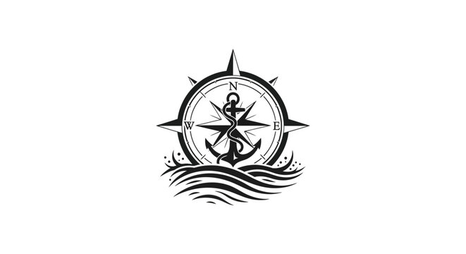 Detailed vintage nautical compass rose with anchor and ocean waves icon. Maritime navigation, travel, and adventure symbol. Black and white vector graphic.