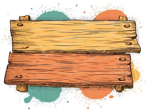 Two distressed wooden planks stacked, secured with pegs, against colorful splatter background