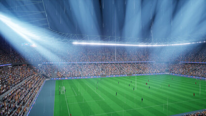 3D rendered soccer players playing on rainy night on stadium turf during match. © DC Studio