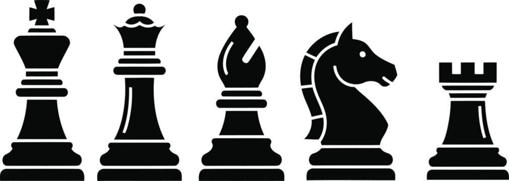 Set of black chess piece icons including king queen bishop knight and rook silhouettes