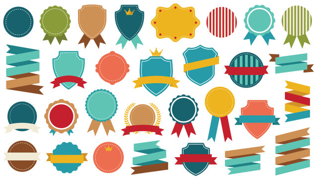 Collection of flat ribbons badges and shields in various colors