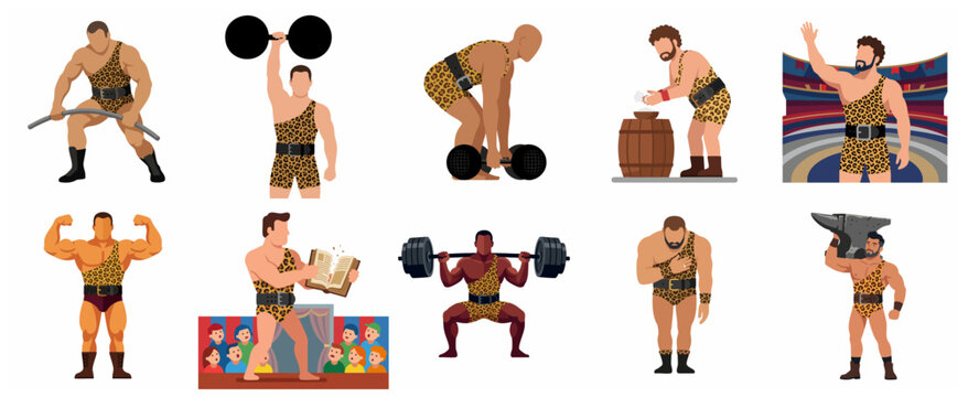 Set of Vintage Strongman Characters in Leopard Print Outfits Performing Feats of Strength