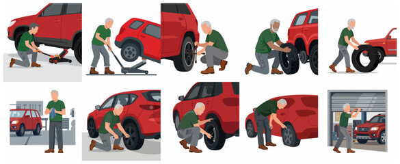 Naklejka premium Set of illustrations showing a man changing a car tire, DIY auto repair, vehicle maintenance, and garage activities.