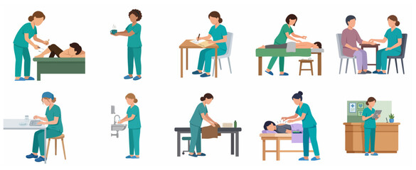 Fototapeta premium Set of professional nurse characters performing various medical duties and acupuncture treatments in a clinic setting.