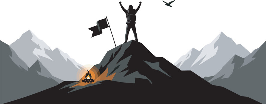 Triumphant hiker standing on mountain peak with flag and campfire