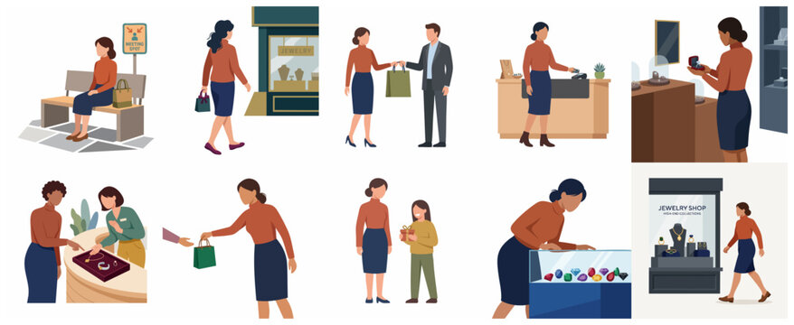 Set of flat vector illustrations depicting a woman shopping for jewelry, making purchases, and giving gifts.