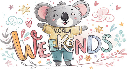 Naklejka premium Cute koala bear wearing a shirt with the text weekends