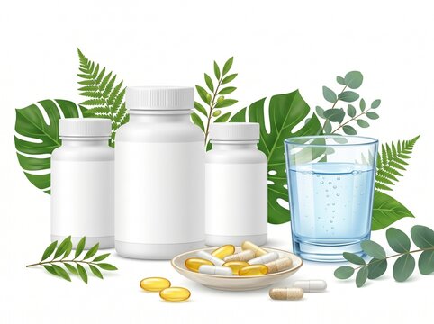 Natural Wellness Supplements: A collection of white supplement bottles, capsules, and oil supplements are arranged with fresh green leaves and eucalyptus, alongside a glass of clear water.