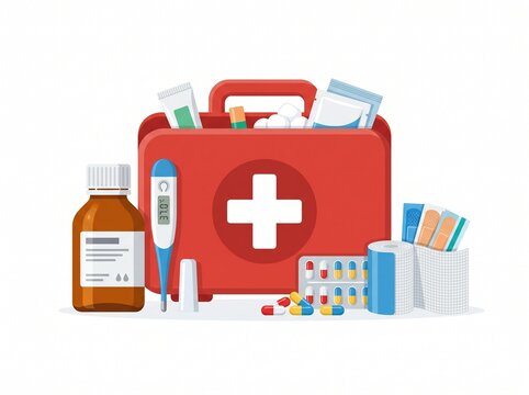 First Aid Kit Essentials: A comprehensive illustration of a bright red first aid kit brimming with essential medical supplies, including bandages, medication, thermometer, and more.