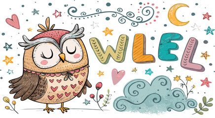 Naklejka premium Cute owl with colorful letters and night sky