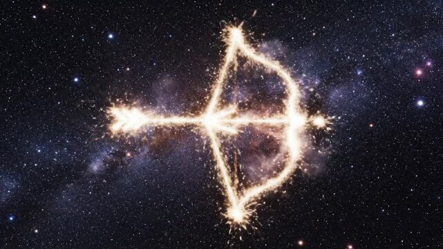 Fiery sagittarius archer constellation glowing with golden sparks against deep starry cosmic backdrop. Perfect for astrological branding, horoscope visuals, spiritual content