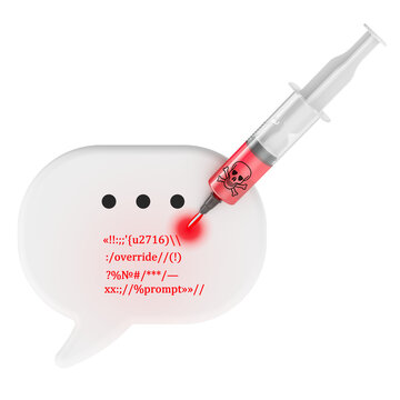 Prompt injection attack with toxic syringe and chat bubble. 3D rendering