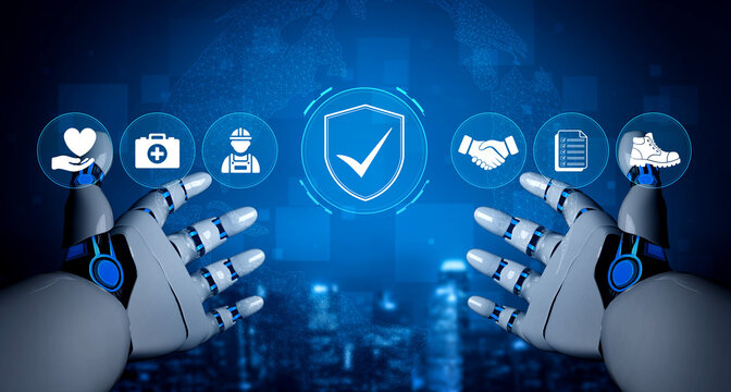 Futuristic Robot Hands Displaying Trust and Security Concepts in a Digital Environment with Icons Representing Health and Industry. Glyphic.