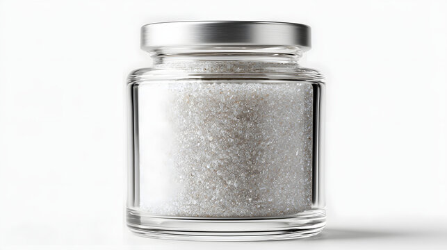 Premium Glass Jar Filled with White Sugar Grains Isolated on White Background
