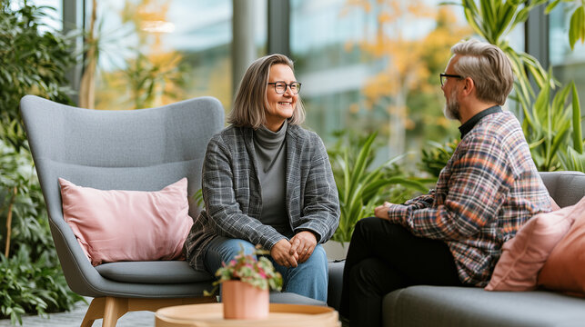 Job interview conversation with engaged candidate, employer branding photography, soft daylight