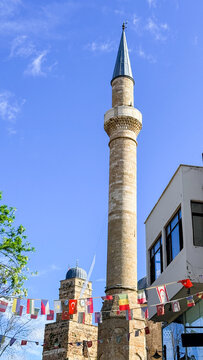 Sunlit Gazi Sinan Pasha minaret in Subotica with blue sky, ideal for travel editorial, cultural heritage features and architecture blogs, 5 May 2026 Subitica, Serbia