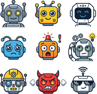 Cute collection of colorful cartoon robot avatars showing different emotions and expressions, including happy, surprised, sad, angry, devil, and cool faces. Ideal for stickers, emojis, apps, gaming, a