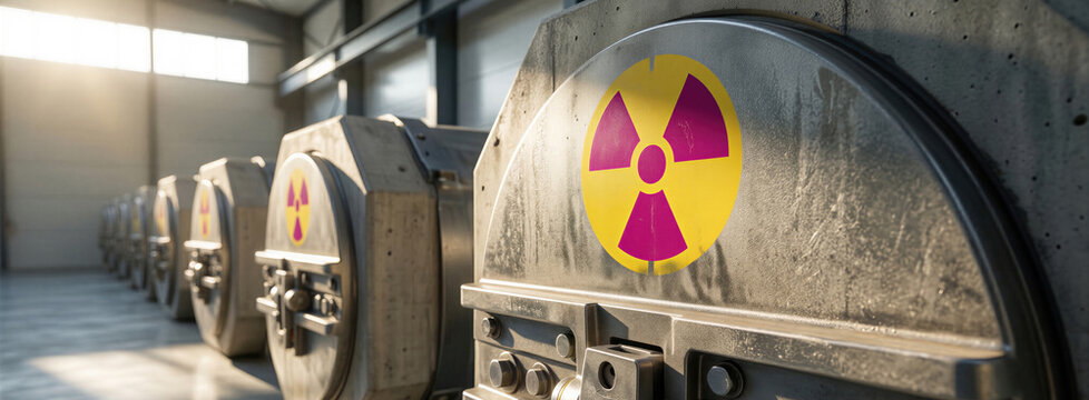 Radioactive waste containers stored in concrete casks at a facility. Industrial disposal of hazardous nuclear material for environmental safety. Banner with copy space