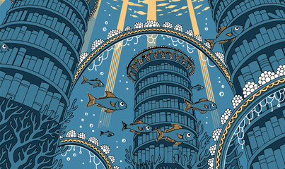 Underwater fish tower fantasy illustration © kiran_farzana