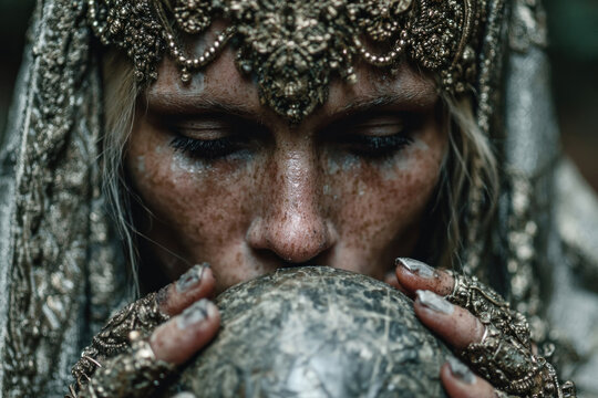 Mystical woman with ornate jewelry holding stone sphere ritual portrait