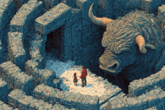 Minotaur Labyrinth Myth Ancient Maze Giant Bull Head Ruins Concept Art