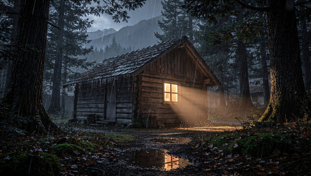 Cinematic rustic wooden hut deep in rainy forest at night, warm window glow, heavy rain, photorealistic 8K